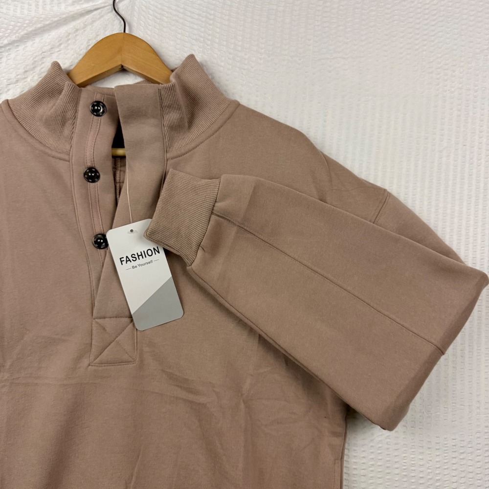 Fashion Be Yourself Tan Mock Neck Button Pullover Sweatshirt Women small